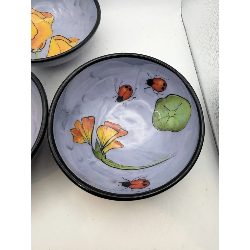 Set of 3 Hand Painted Art Pottery Bowls Purple Poppy Ladybug Signed Studio